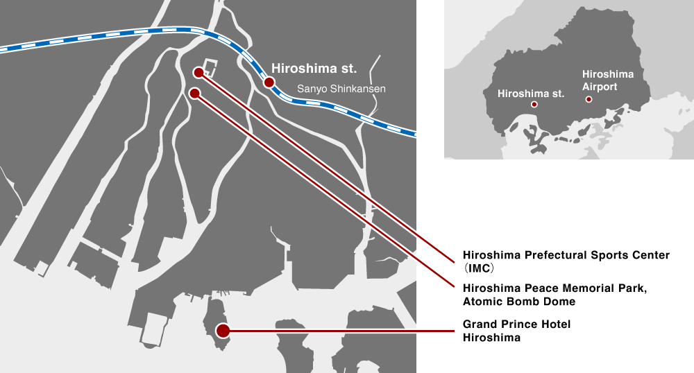 Map: A map of Hiroshima showing the location of the Hiroshima Airport, Hiroshima Station, Hiroshima Prefectural Sports Center, Grand Prince Hotel Hiroshima, Hiroshima Peace Memorial Park and Atomic Bomb Dome.