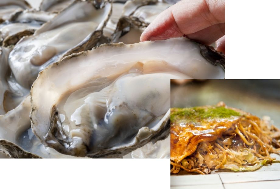 新鮮な牡蠣・広島風お好み焼き