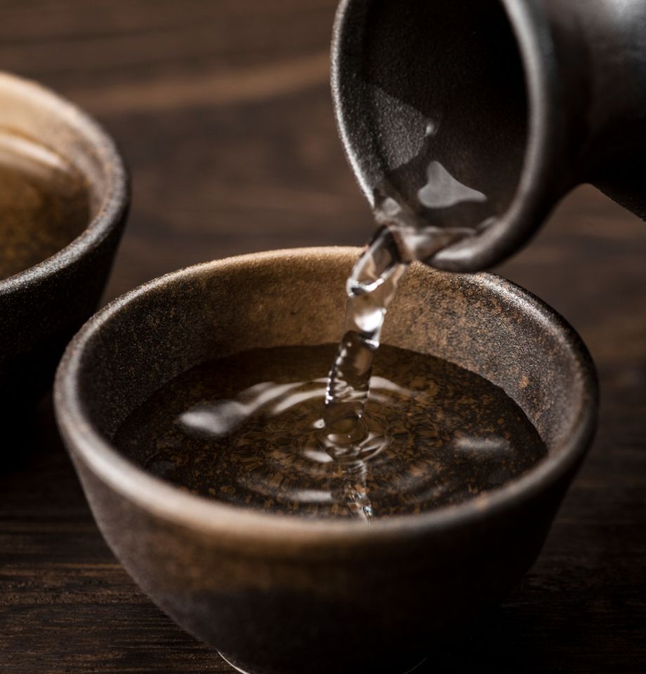 Sake poured from a sake bottle